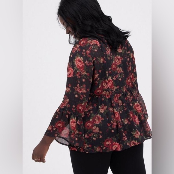 Torrid Babydoll Chiffon Lurex Crochet Lace-Up Sheer Blouse, Black Red Floral, 1X - Picture 13 of 14